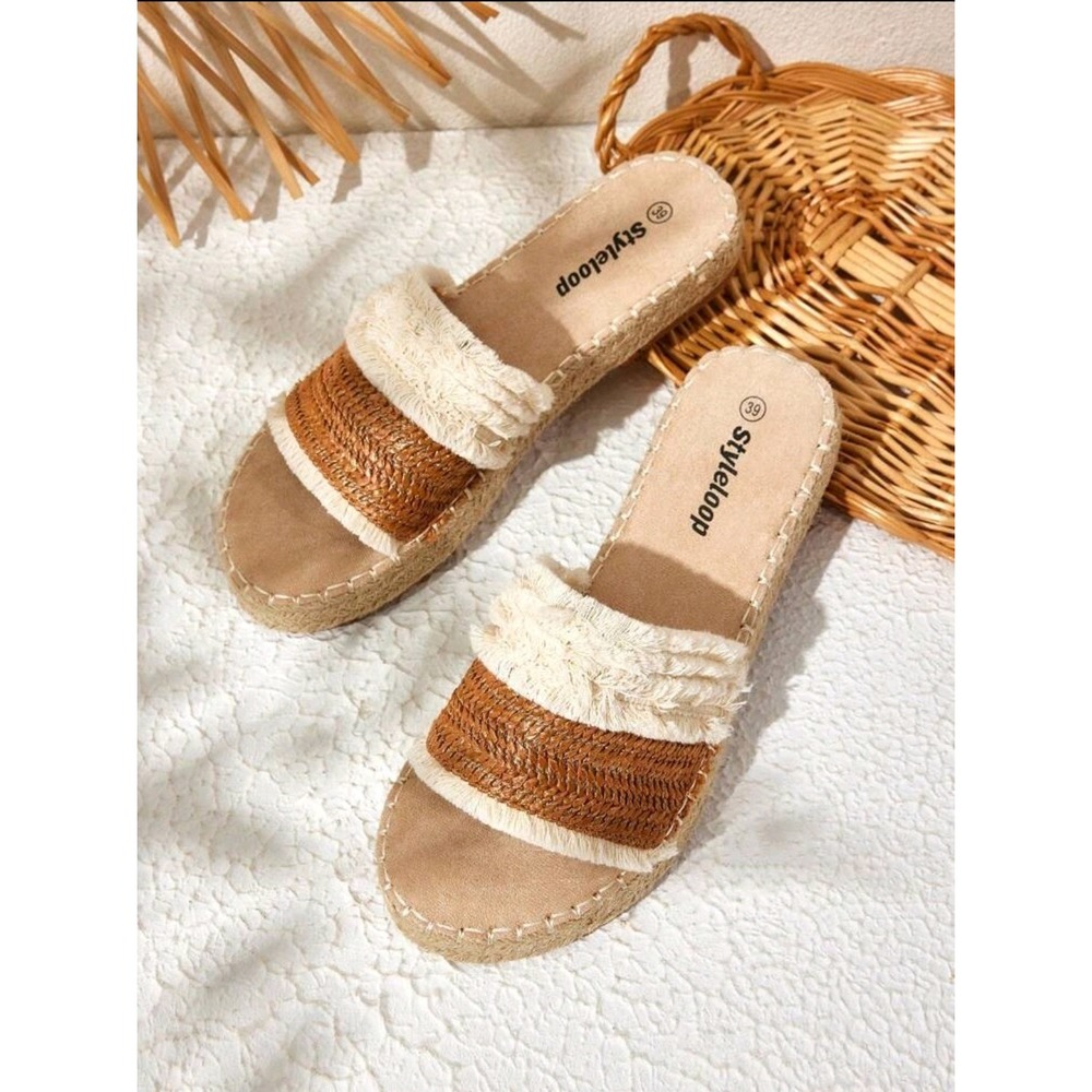 Espadrille Platform Sandals Slides‎ Raffia Fringe Womens